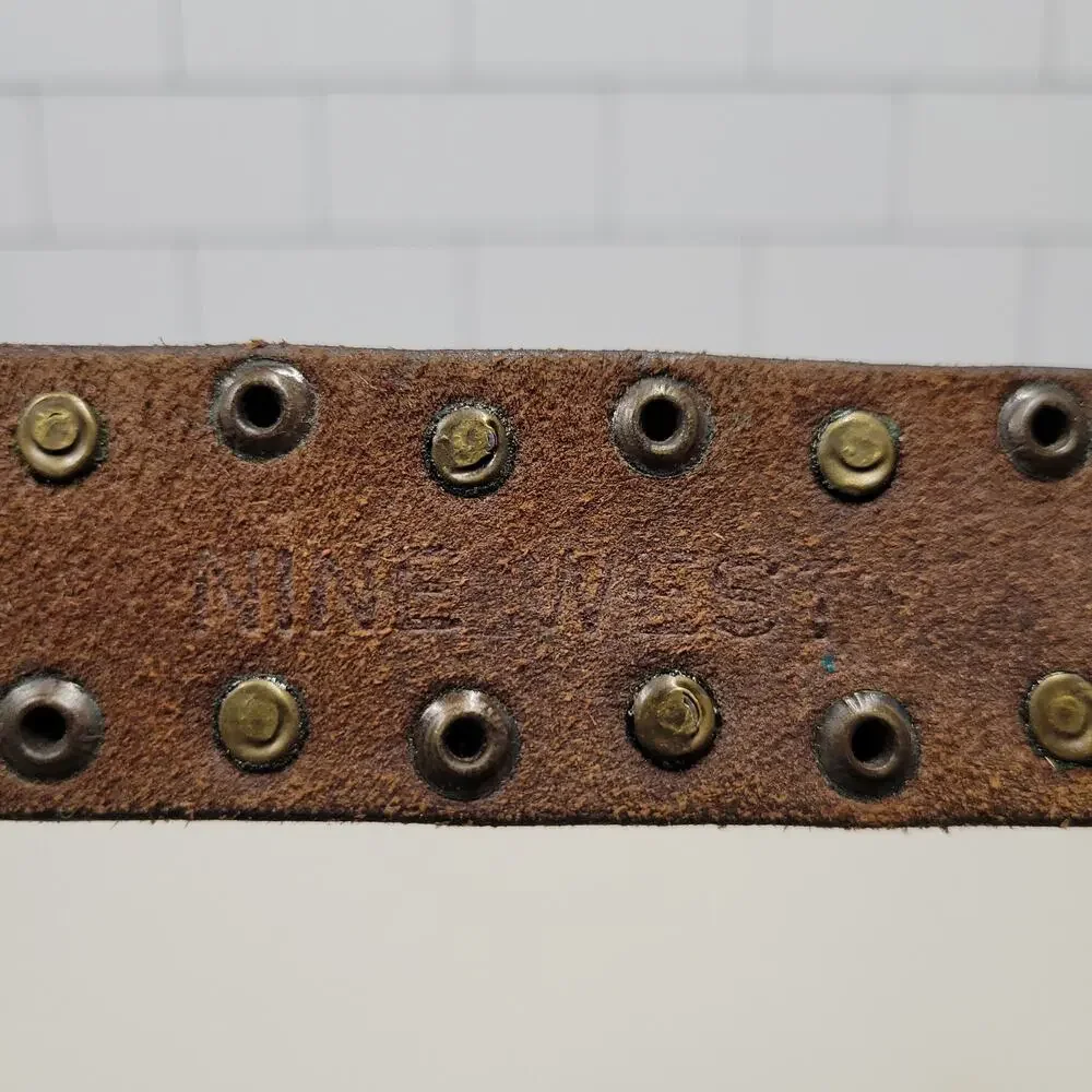 Nine West Brown Leather Studded Belt Turquoise Buckle Women's Size L/XL